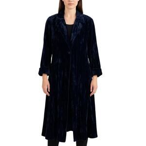 Vintage Alberto Makati Crushed Velvet Duster  Long Jacket Sz S Navy Boho Glam